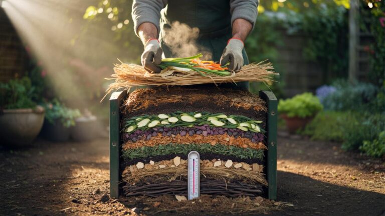 Illustration of a layered compost heap combining vegetable scraps as greens with shredded cardboard and dry leaves as browns in a garden bin