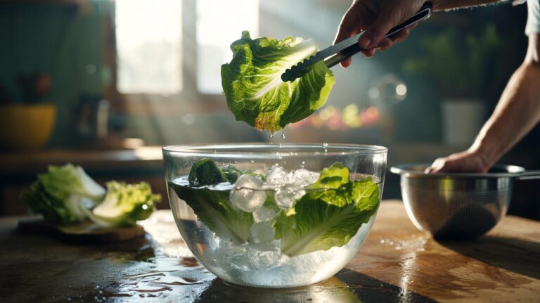 Illustration of wilted lettuce leaves submerged in an ice-water bath to restore crispness