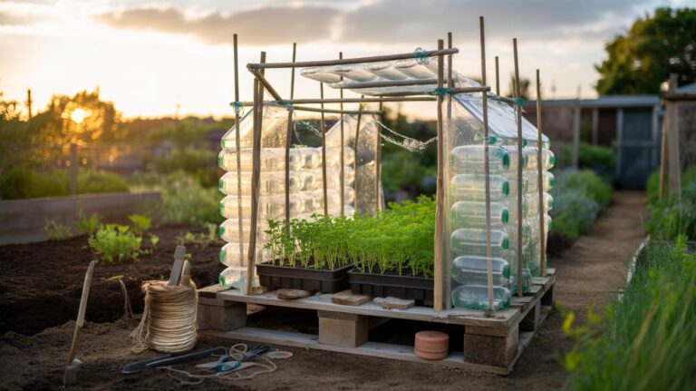 Illustration of a DIY mini greenhouse made from recycled clear plastic bottles threaded onto canes and attached to a simple wooden frame in a small garden