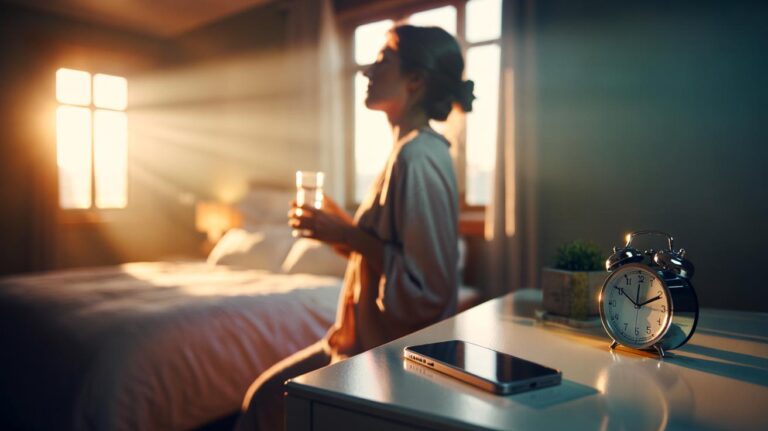 Illustration of a person upon waking, leaving their phone out of reach for ten minutes to build emotional resilience
