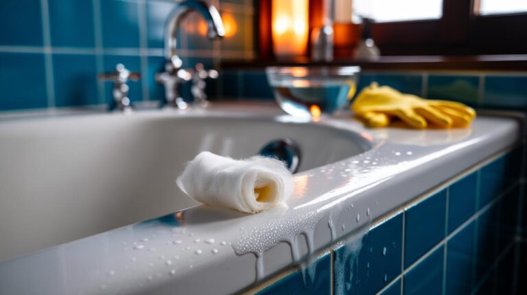 Illustration of a vinegar-soaked cotton roll applied along a bathroom silicone seal