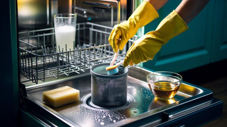 Illustration of cleaning a dishwasher filter to prevent odours