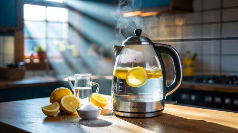 Illustration of [natural kettle descaling with white vinegar and lemon, showing a stainless steel kettle, sliced lemons, and a measuring jug on a kitchen counter]