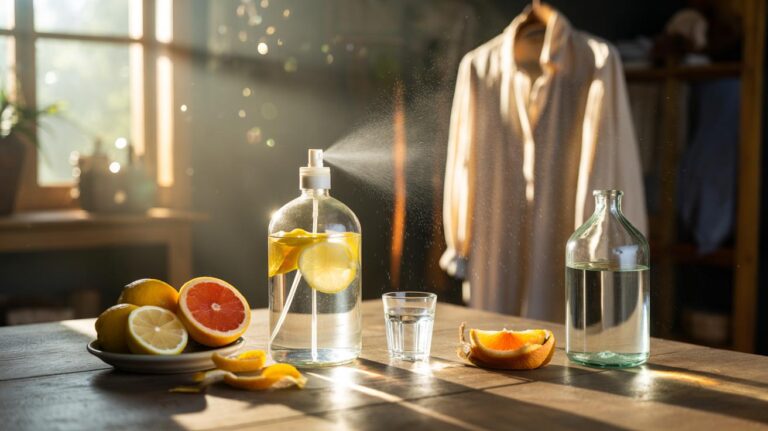 Illustration of a natural citrus-and-water fabric refresher in a spray bottle with citrus peels, used to freshen fabrics