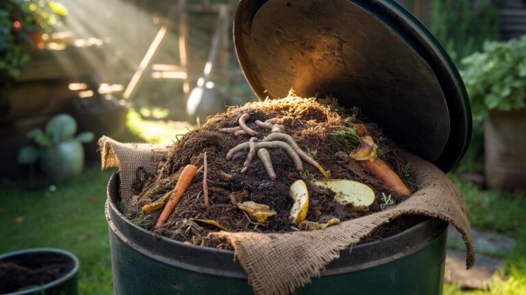 Illustration of a worm-friendly compost bin with moist bedding, shredded cardboard, and buried food scraps attracting composting worms