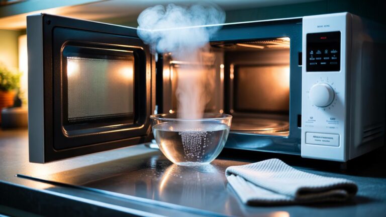 Illustration of a microwave being deep cleaned with steam from a glass bowl of water