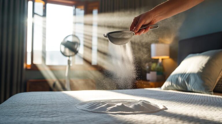 Illustration of baking soda being sprinkled evenly over a mattress and left to sit to absorb moisture and odours