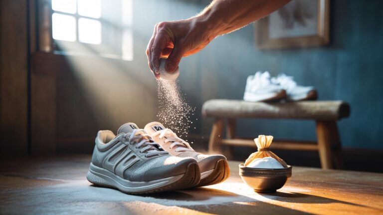 Illustration of baking soda being sprinkled inside a pair of trainers to deodorise shoes and absorb moisture fast.