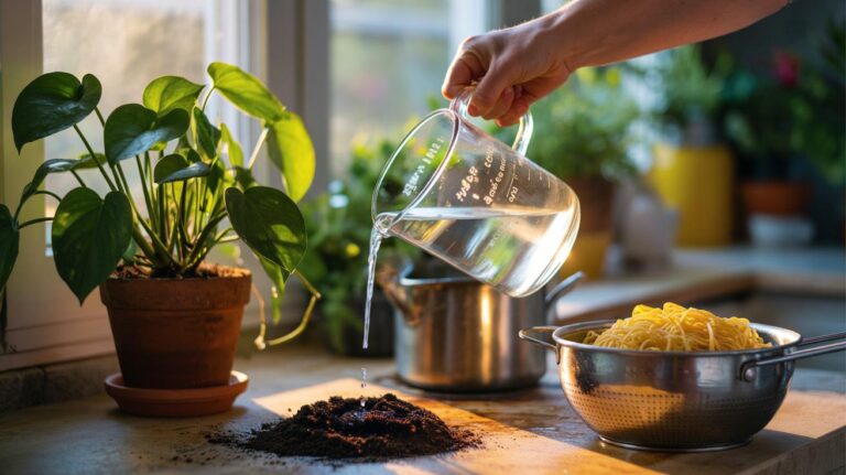 Illustration of cooled pasta water being poured into a houseplant pot to fertilise indoor plants.