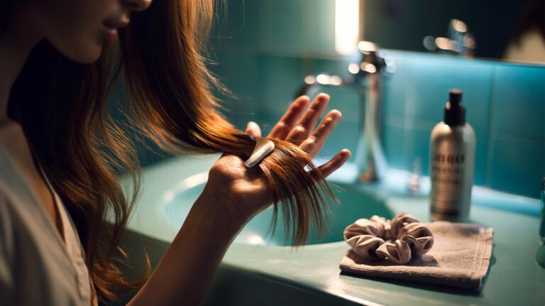 Illustration of a close-up showing a person applying a leave-in serum to frayed hair ends to smooth split ends without trimming