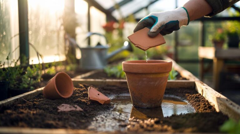 Illustration of broken terracotta shards placed over a pot’s drainage hole and mixed through garden soil to improve drainage