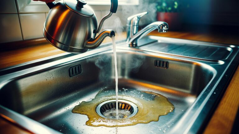 Illustration of boiling water being poured from a kettle into a kitchen sink drain to melt grease buildup