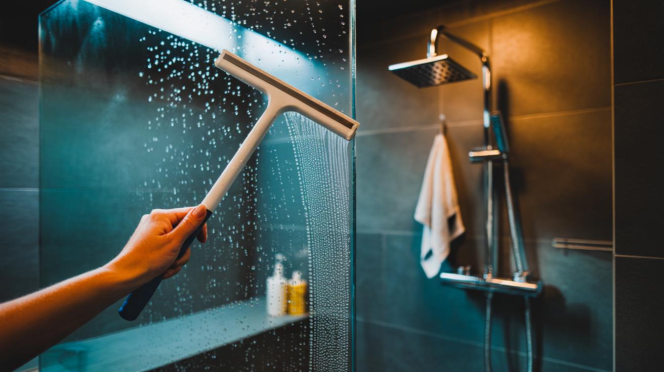 Illustration of a hand using a squeegee on clear shower glass to prevent limescale and soap scum
