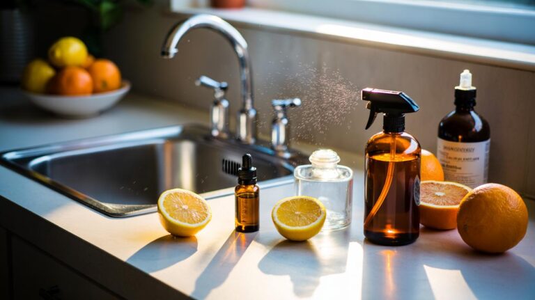 Illustration of a homemade citrus disinfectant spray being prepared with citrus essential oils, 70% alcohol, and a labeled glass spray bottle on a kitchen countertop