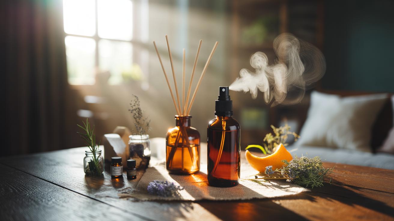 Illustration of homemade air fresheners made with herbs and essential oils, featuring a glass spray bottle, a reed diffuser, and jars of dried rosemary and citrus peels