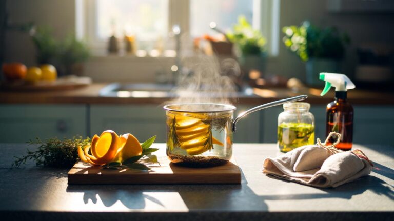 Illustration of citrus peels and herbs used to freshen a home, with a small simmer pot and fabric sachets