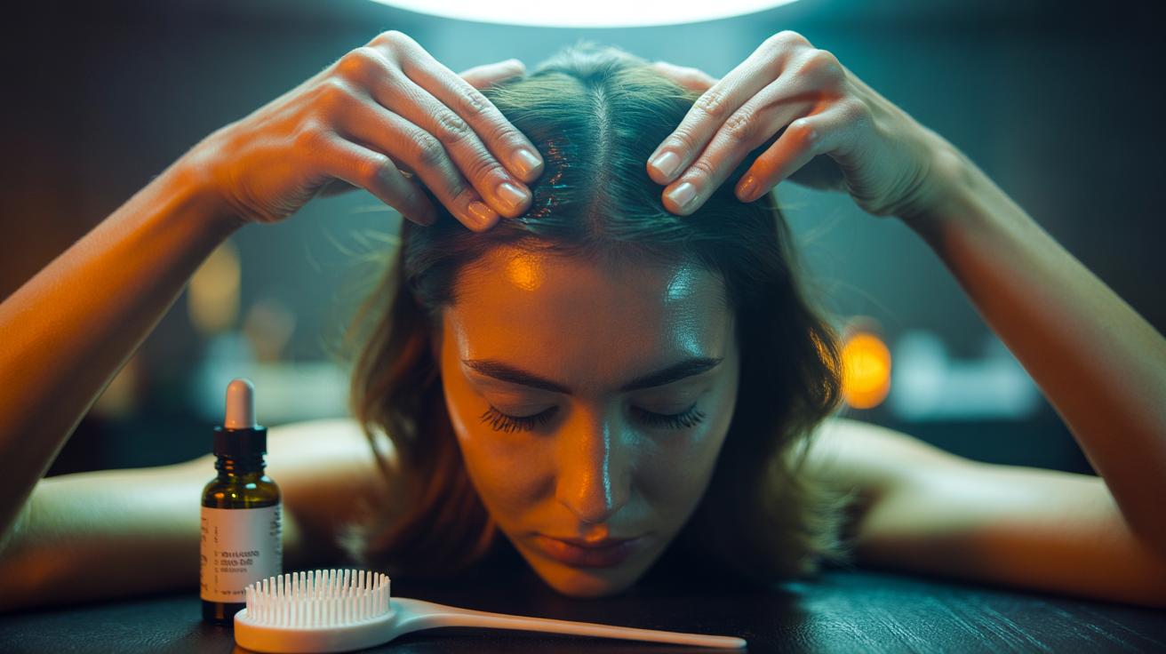 Illustration of hands massaging the scalp to stimulate hair growth, as recommended by trichologists