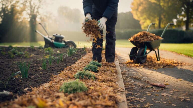 Illustration of chopped autumn leaves being spread in thin layers as mulch on garden beds to retain soil nutrients