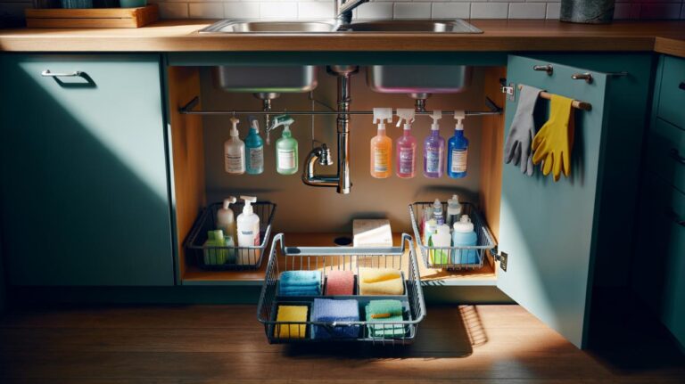 Illustration of an organised under-sink cupboard with labeled cleaning supplies, a tension rod holding spray bottles, pull-out baskets, and a portable caddy