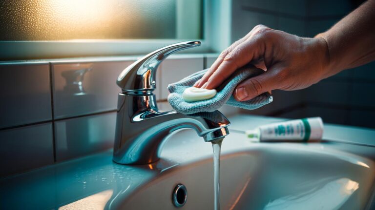 Illustration of a hand polishing a chrome bathroom tap with a pea-sized dab of white toothpaste on a soft microfibre cloth