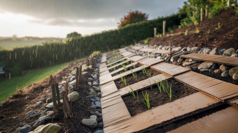 Illustration of cardboard sheets overlapped and anchored on a garden slope to prevent rain from washing away the soil