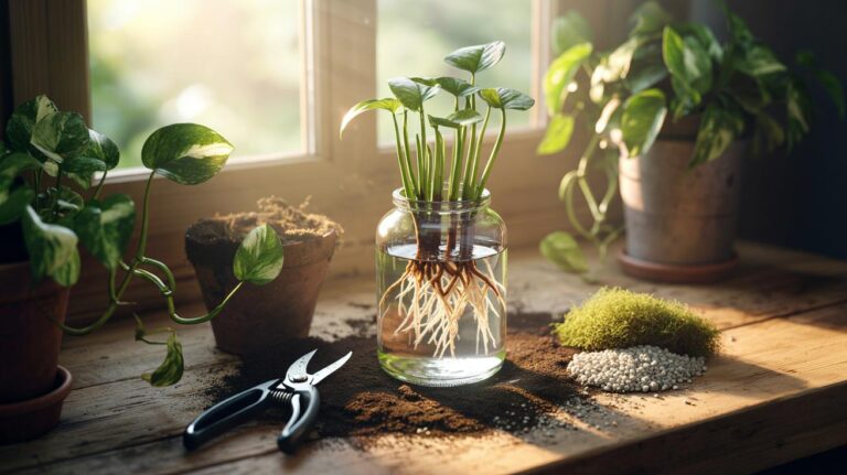 Illustration of pothos stem cuttings with exposed nodes rooting in a clear glass jar of water next to sterilised pruning shears and a small pot filled with peat-free houseplant mix