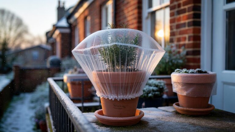 Illustration of outdoor plant pots covered with elasticated shower caps for frost protection