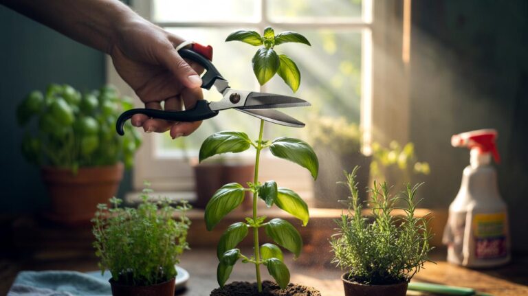 Illustration of hands using clean pruning scissors to cut basil above a leaf node