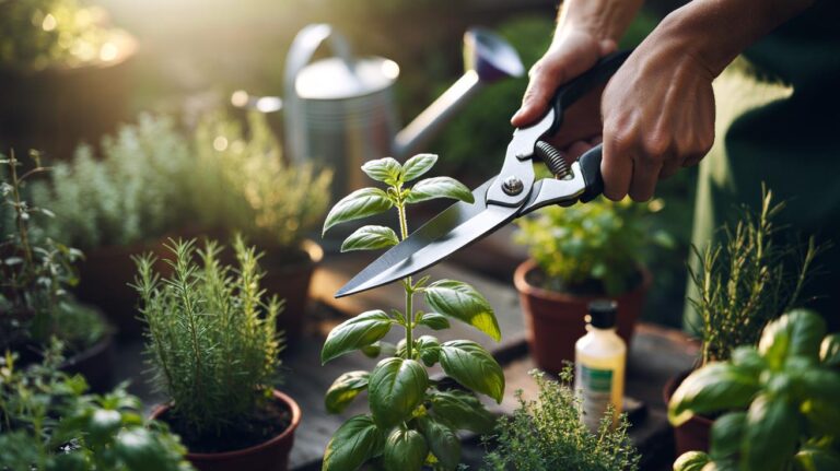 Illustration of hands using clean secateurs to prune basil and rosemary just above leaf nodes to promote thicker, stronger regrowth