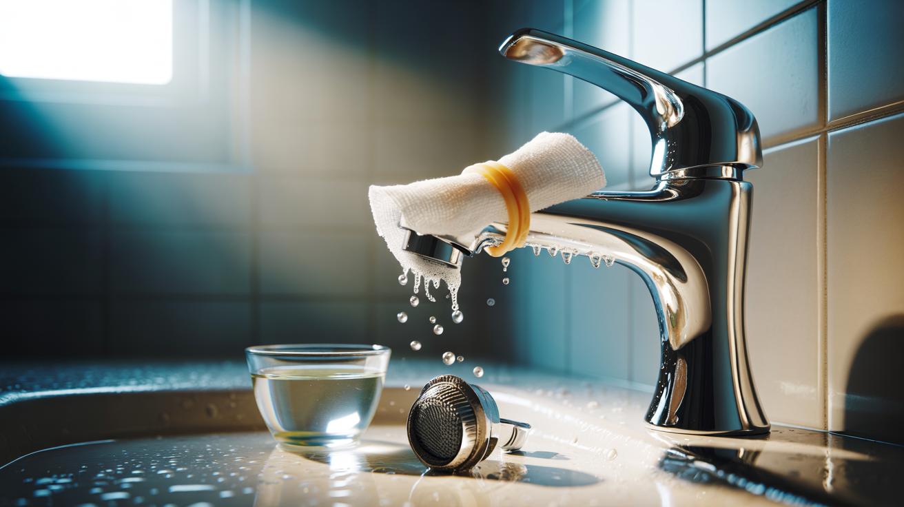 Illustration of removing limescale from a tap with white vinegar using a soaked cloth wrap