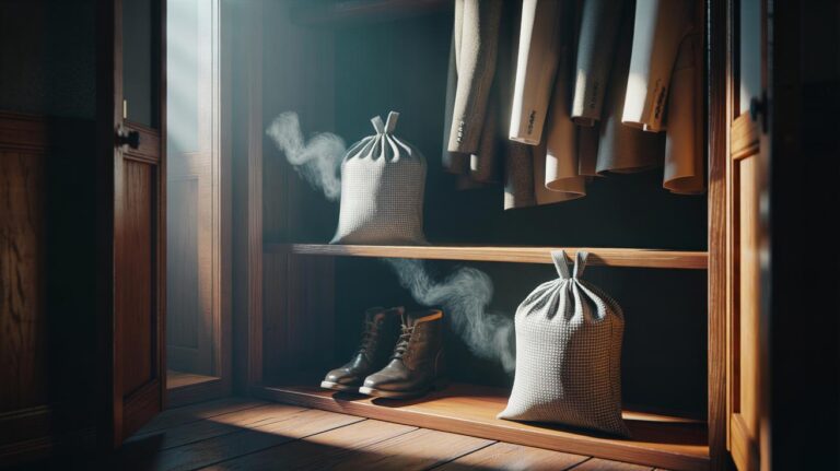 Illustration of [a wardrobe interior with activated charcoal sachets placed on shelves and near shoes to absorb moisture and musty odours]