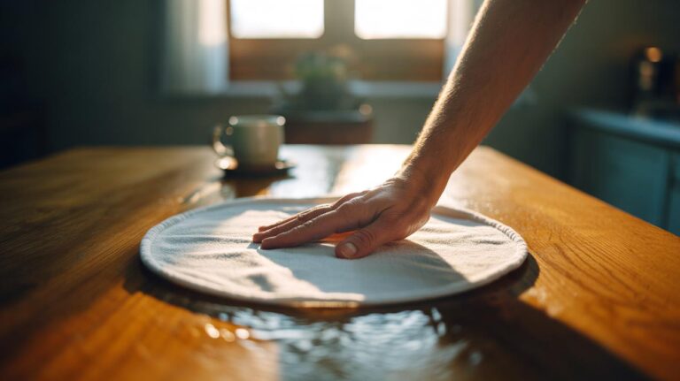 Illustration of a warm towel being applied to a white water ring on a wooden tabletop to lift trapped moisture