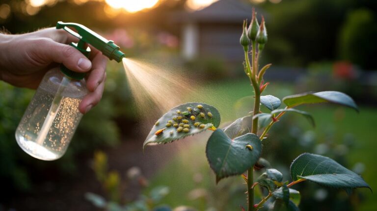 Illustration of a gardener spraying a mild soap solution on aphid-infested plant leaves to repel pests