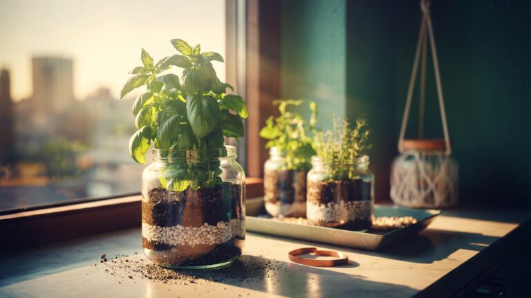Illustration of repurposed glass jars planted with kitchen herbs on a windowsill, showing pebbles, soil, and neat labels