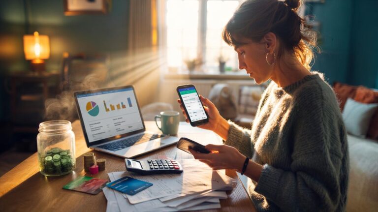 Illustration of resetting personal finances in one Sunday afternoon with a banking app, bill cutting, budget automation, and focused debt repayment