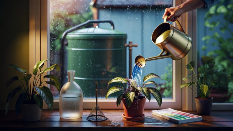Illustration of safely collecting, storing, and using rainwater for indoor plants