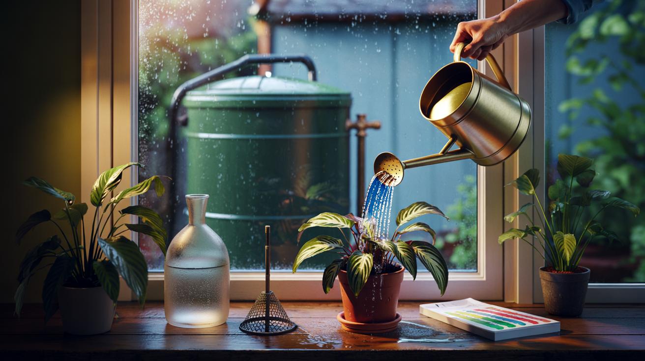 Illustration of safely collecting, storing, and using rainwater for indoor plants