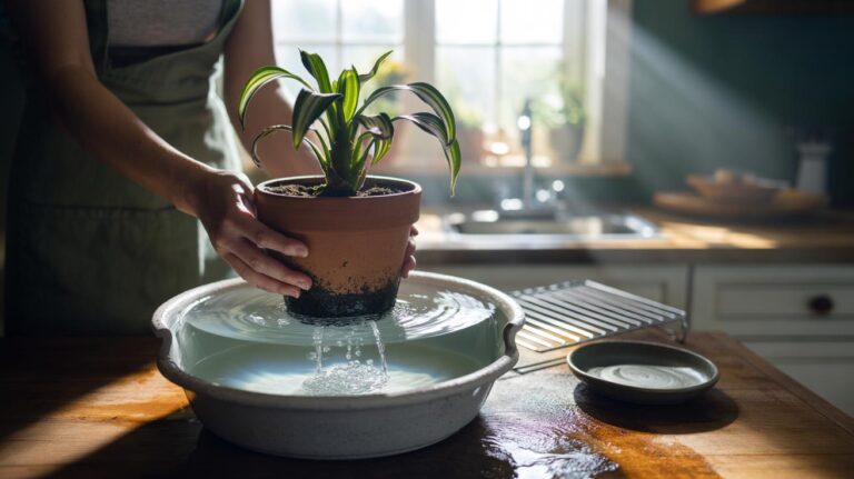Illustration of the soak-and-drain method to revive a drooping houseplant