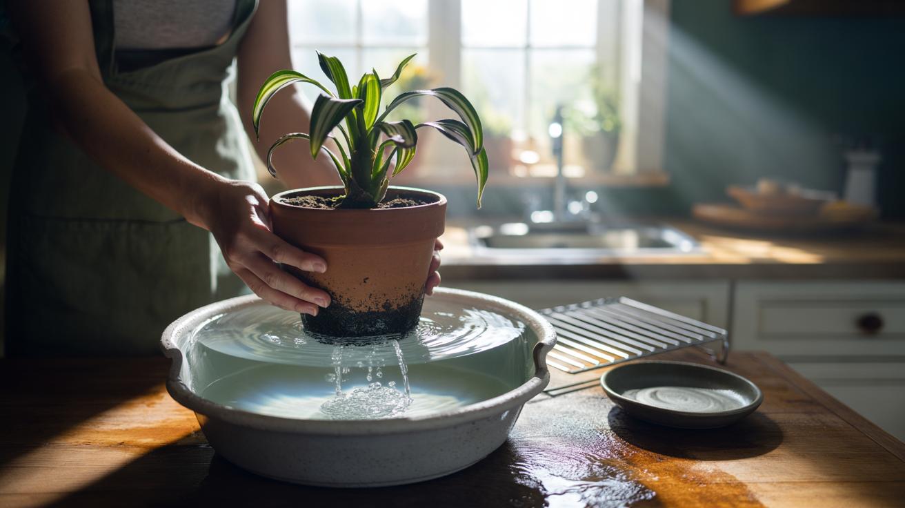 Illustration of the soak-and-drain method to revive a drooping houseplant