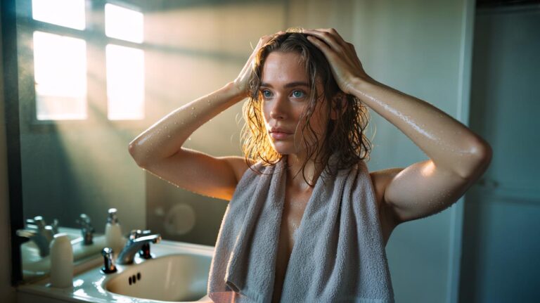 Illustration of reviving second-day hair using just water and a towel
