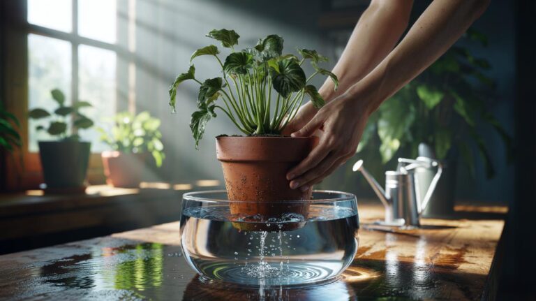 Illustration of reviving a wilted houseplant using a bottom-watering hydration bath