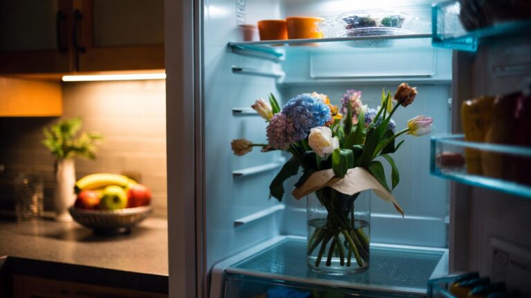 Illustration of a vase of wilted cut flowers placed inside a household refrigerator to revive them