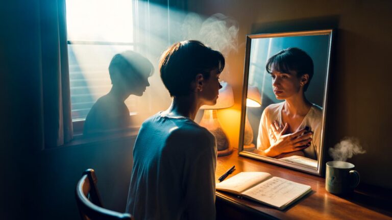 Illustration of a person practising evidence-based self-talk, journaling, and breathwork to train their inner voice from critic to coach