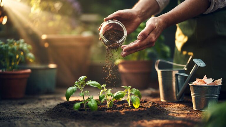 Illustration of applying old coffee grounds to soil to boost plant growth