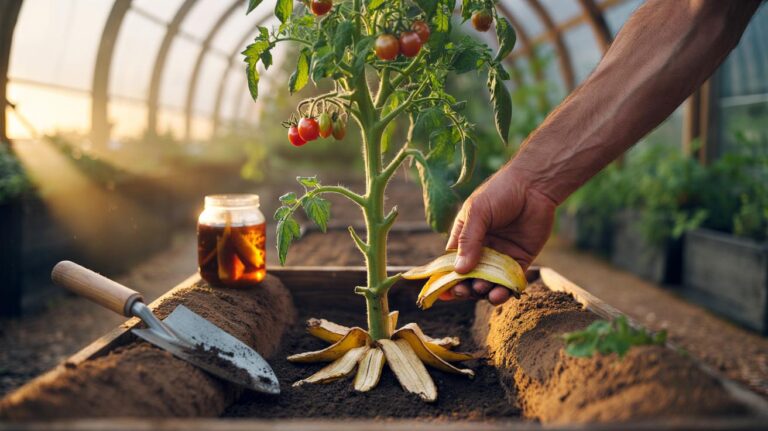 Illustration of banana peels being applied as fertiliser around tomato plants