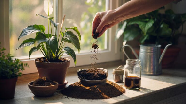 Illustration of using coffee grounds to revive tired houseplants naturally