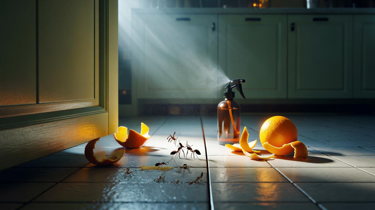 Illustration of leftover orange peels used as a natural ant deterrent at kitchen entry points