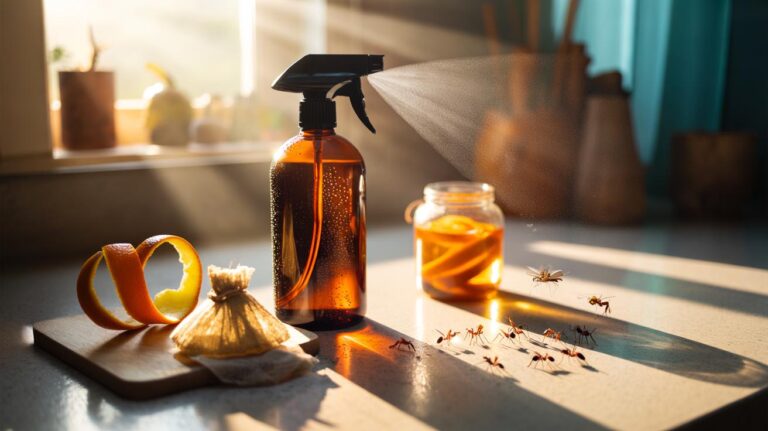 Illustration of orange peels and a homemade citrus-vinegar spray used to repel ants and fruit flies around kitchen entry points