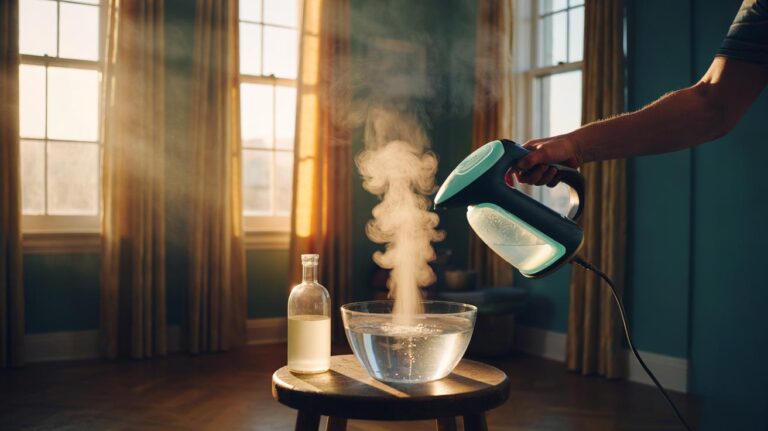 Illustration of using vinegar steam to freshen curtains without washing