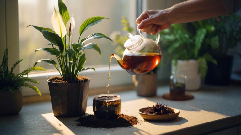 Illustration of cooled leftover tea being poured into a potted plant’s soil, with tea leaves shown as a nutrient source to boost growth